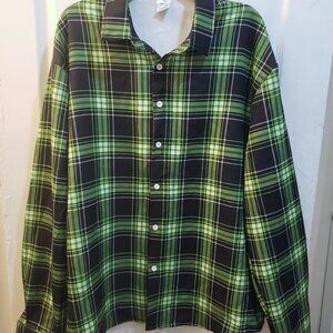 Plus Size XXXL Lime Green Black Plaid Button Front Collar Shirt New No Tags